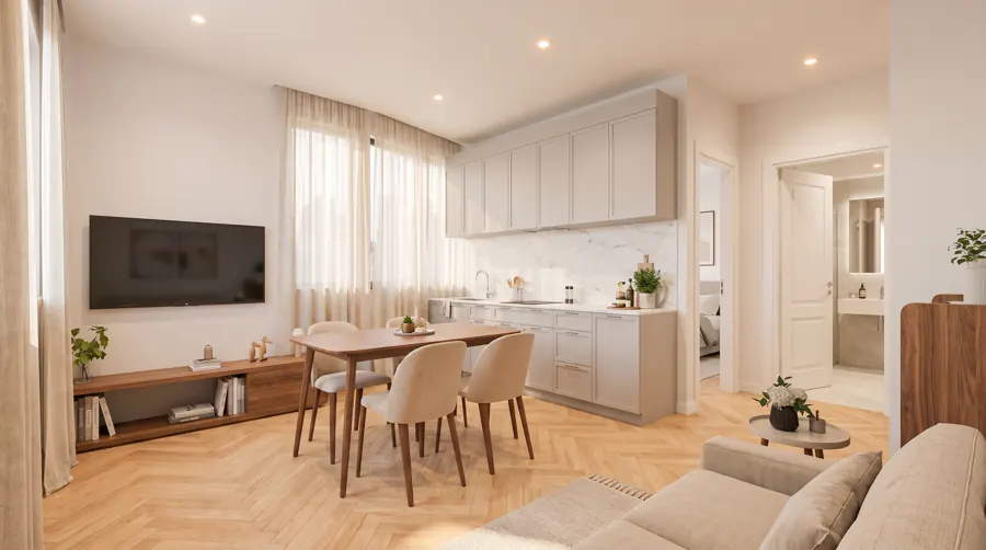 Render di zona giorno con cucina e alzata effetto marmo, Palazzo Onda Trento