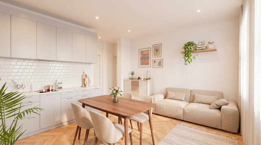 Render di soggiorno con cucina lineare e divano, Palazzo Onda Trento