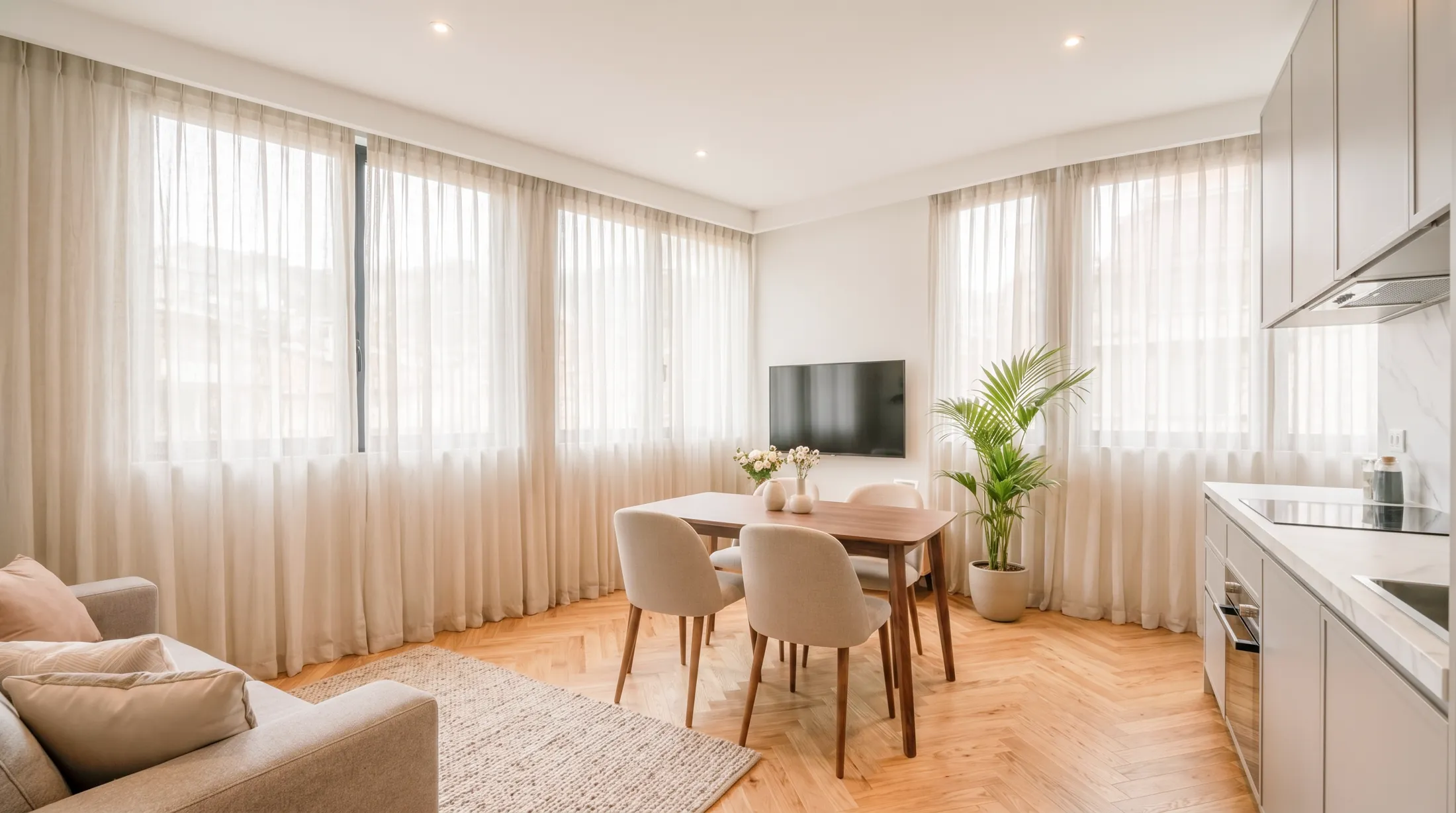 Render di una zona giorno con ampie vetrate e tende in lino, Palazzo Onda Trento